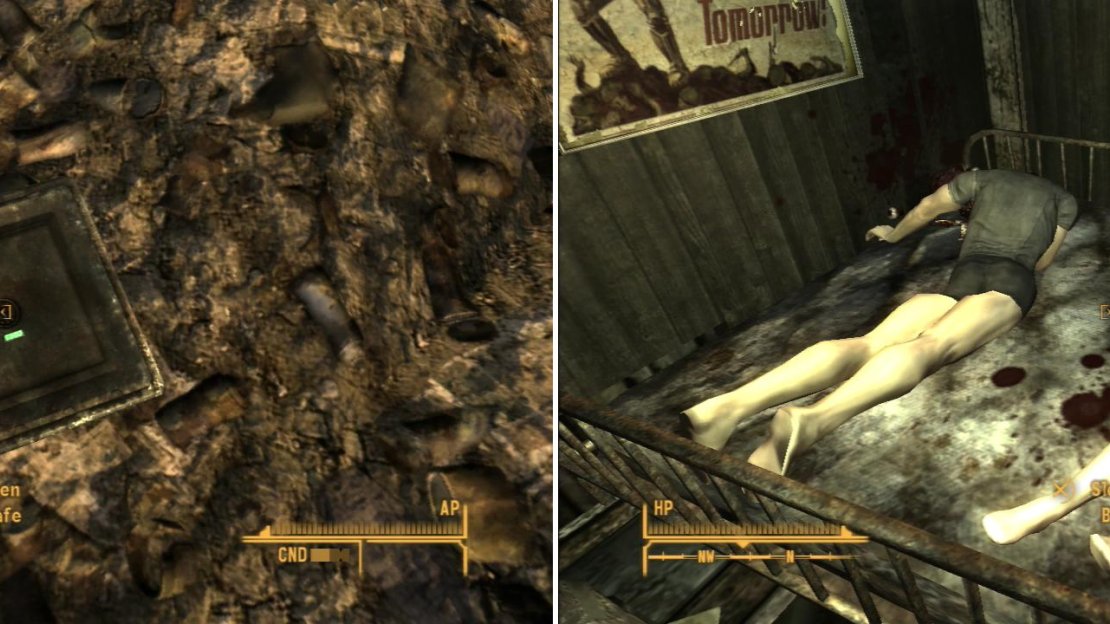 There are a number of treasures you can uncover in Primm, including a safe buried amidst some ruins (left). Crime may not pay, but compared to what happens to the law… it might not be a bad shake (right).