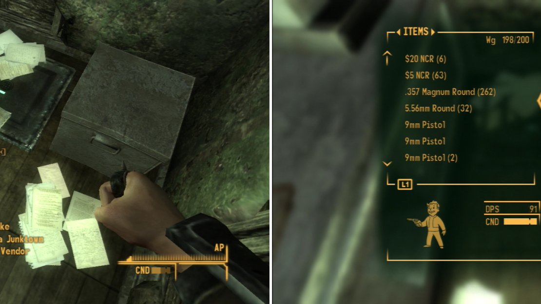 In the Bison Steve Hotel you can find a safe, atop of which is a copy of Tales of Junktown Jerky Vendor (left) and within which is the unique .357 Magnum, Lucky (right).
