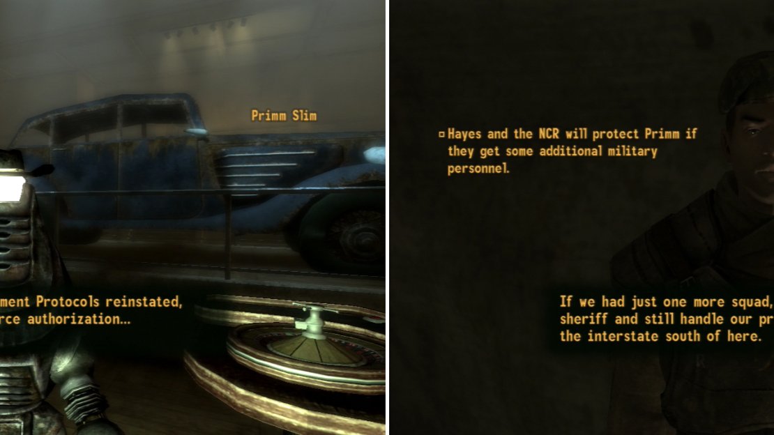 You can reprogram Primm Slim to serve as Primm’s new sheriff (left) or, for a more imperial touch, you can test the waters with the NCR (right).