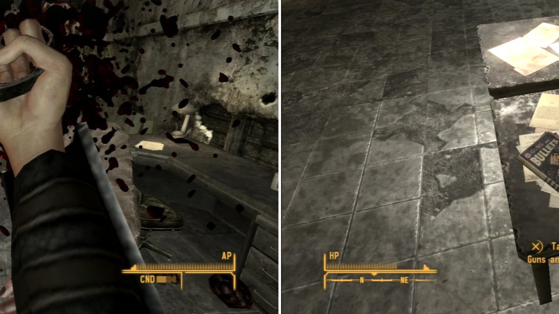 Defeat the Jackal Gangers in and around the Nevada Highway Patrol Station (left) and grab the copy of Guns and Bullets on a desk inside the station (right).