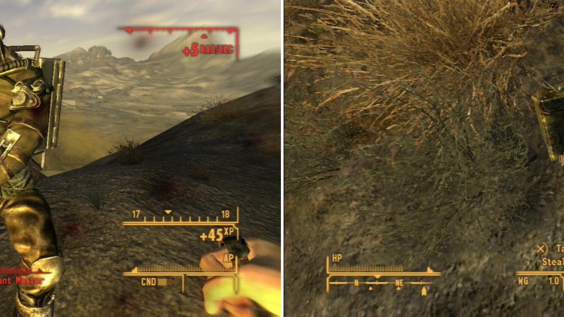 Jack Rabbit Springs is not for the faint of heart, as it is heavily irradiated and occupied by Centaurs and a well-armed Super Mutant (left). The loot you can find here almost makes it worth the trouble (right).