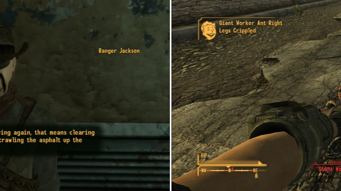 Offer to help Ranger Jackson at the Mojave Outpost (left) and clear out some bugs along the road to help get things moving again (right).