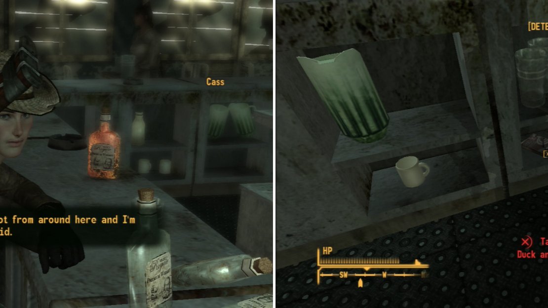 You can find Cass drinking away her troubles in the Mojave Outpost Barracks (left). More interestingly, however, is an issue of Duck and Cover! in a shelf under the bar (right).