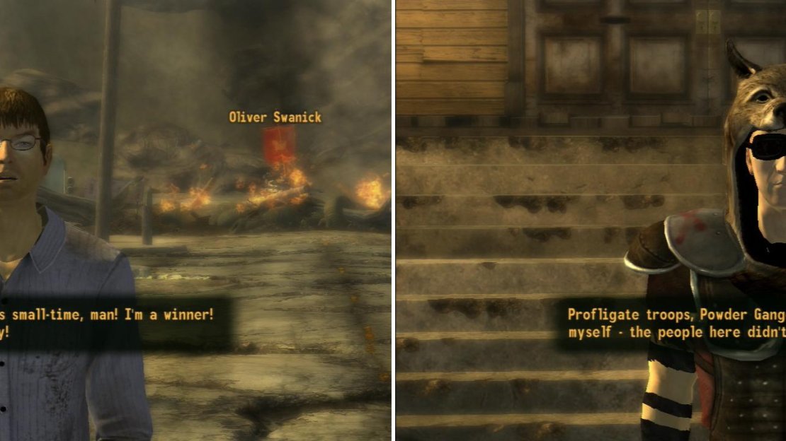 Oliver Swanick seems awfully happy that he won some lottery (left). Vulpes Inculta - the leader of the Legion forces that sacked Nipton - will shed light on the town’s demise (right).