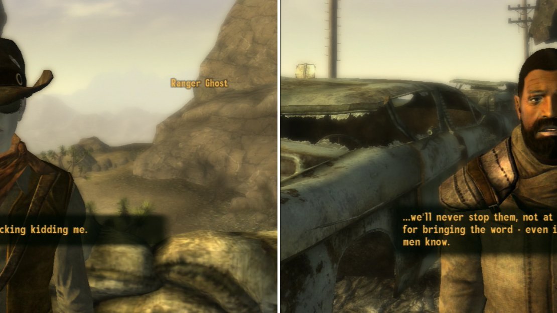 Ranger Ghost can hardly believe the cause of Nipton’s demise (left) and other, less sturdy NCR soldeirs are shaken to the point of despair (right). Vulpes Inculta’s terror tactics seem to be working.