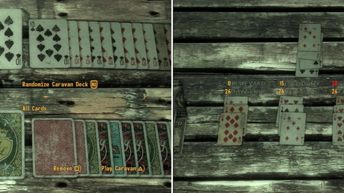 You can make a Caravan deck out of assorted cards you find or purchase, the only limit being one card per type, per suit, per deck (left). Your goal in Caravan is to build three “Caravans” whose total is anywhere between 21 and 26 (right).