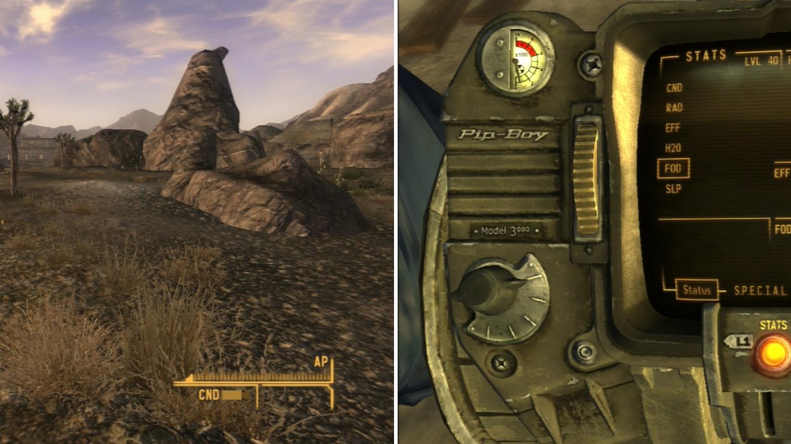 In Hardcore mode, not only do you have to keep an eye on your HP and RADs, but you’ll need to manage the necessities of life; water (H2O), food (FOD) and sleep (SLP). When you are deficient, you’ll be notified by icons above your HP bar (left). You can also check your levels via the Pip-Boy (right).