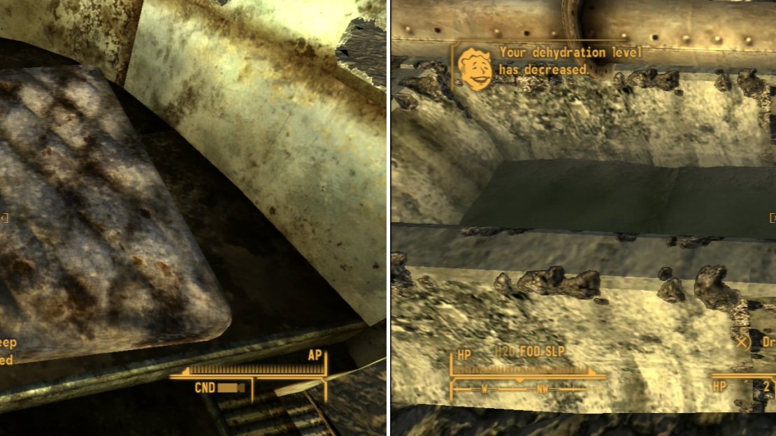 You can reduce your SLP by finding an unowned bed and getting some shut-eye (left), but passing the time in this way will, of course, raise you other needs. Keep hydrated by drinking water… there are stalls full of free water near Goodsprings, at the beginning of the game, so H2O shouldn’t be too hard to find… (right).