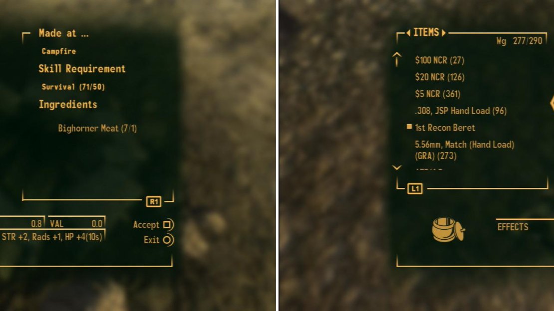 FOD can be obtained from various sources, chiefly by killing tasty critters in the Wasteland. Just remember, food isn’t nearly as beneficial unless it’s been cooked (left). Once you hit level 20 you can pick the Them’s Good Eatin’ perk to get exceptional healing items from creatures you kill (right).