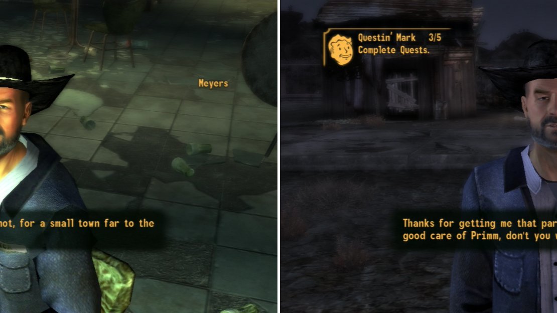 Meyers has decided to stay out of the fighting, and as a former sheriff is a prospective candidate to fill Primm’s vacancy (left). If you get him a pardon from Major Knight, he’ll bring the law back to Primm (right).