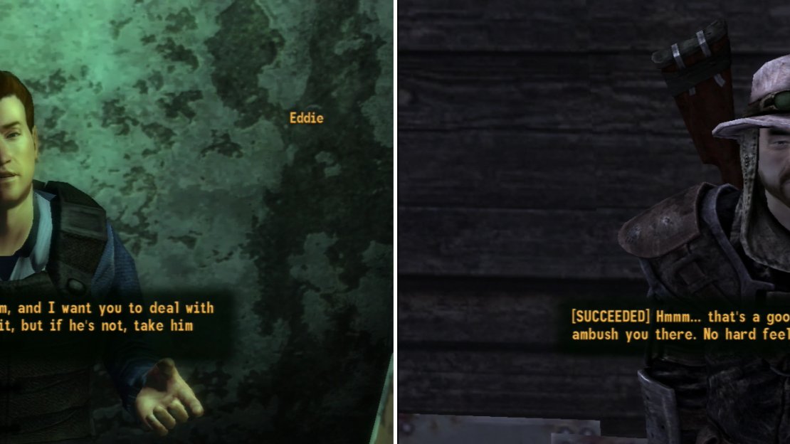 The next task Eddie will ask you to complete is to investigate a “merchant” who is snooping around nearby (left). You can convince this “merchant” to stop trying to get himself killed, or you can get rid of him in a more permanent fashion (right).