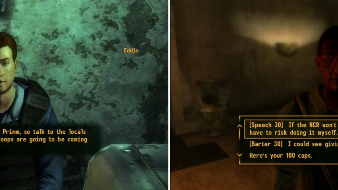 The third and final task Eddie asks you to complete is to find out what the NCR is planning (left). Johnson Nash will divulge what information he’s heard if you pass a Speech or Barter check (right).