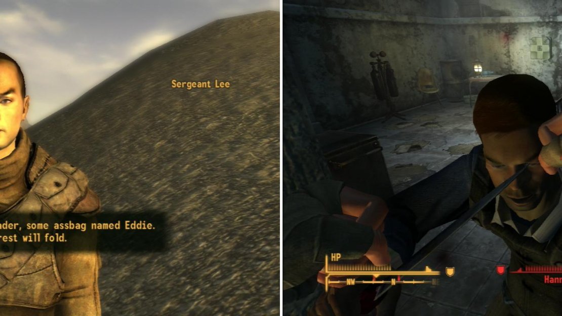 If you want to help clear the Powder Gangers out of the NCRCF, find Sergeant Lee in the hills near the prison (left). Help the NCR kill the Powder Gangers, using KO weapons to mitigate the Infamy you’ll gain (right).