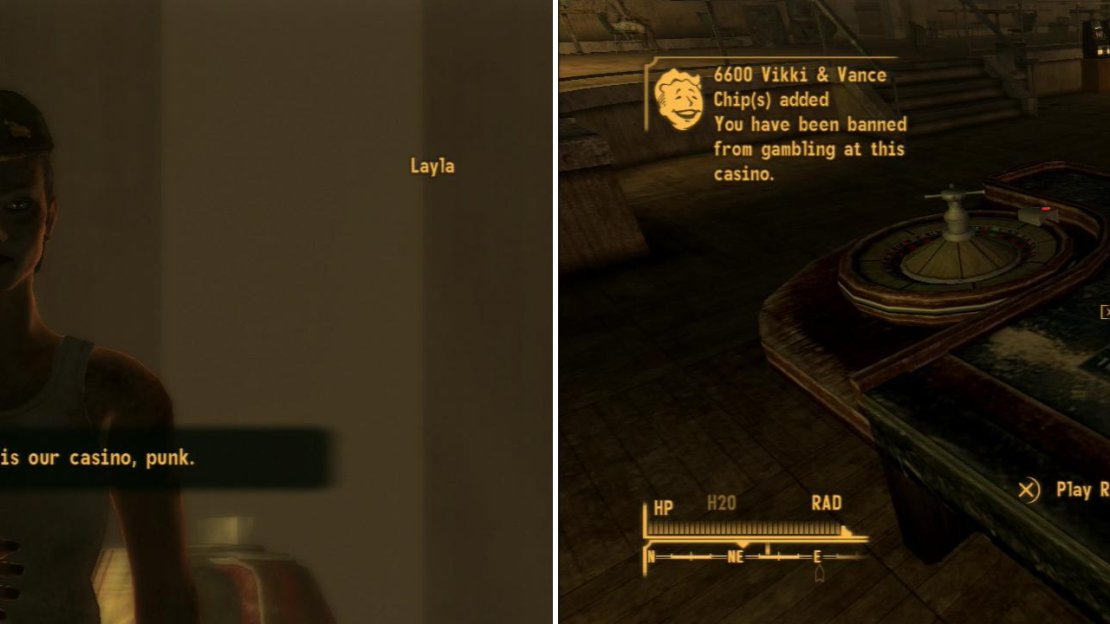 When you return to the Vikki and Vance Casino after bringing back the law, you’ll find some NCR deserters causing trouble (left). After they’re dealt with you can proceed to rob the casino (right).