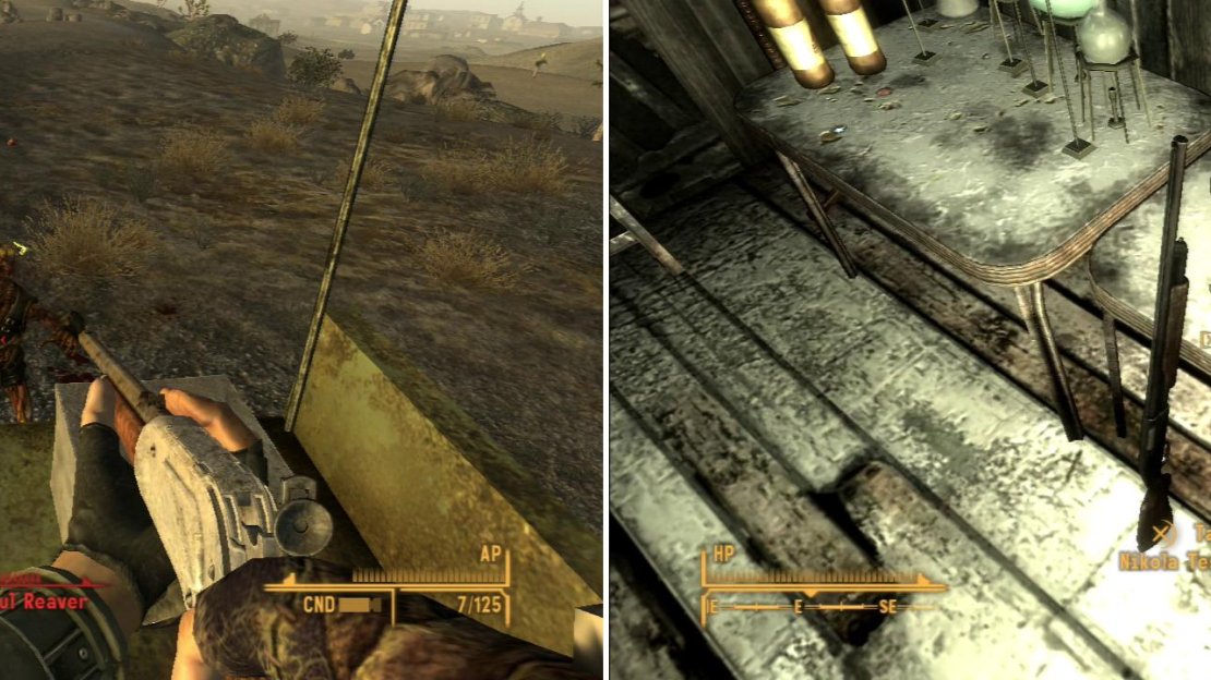 You can safely (cheaply) fight the Ghouls near the Old Nuclear Test Site by firing from the back of a truck (left). Inside a shack you can find some nice loot, including a copy of Nikola Tesla and You (right).