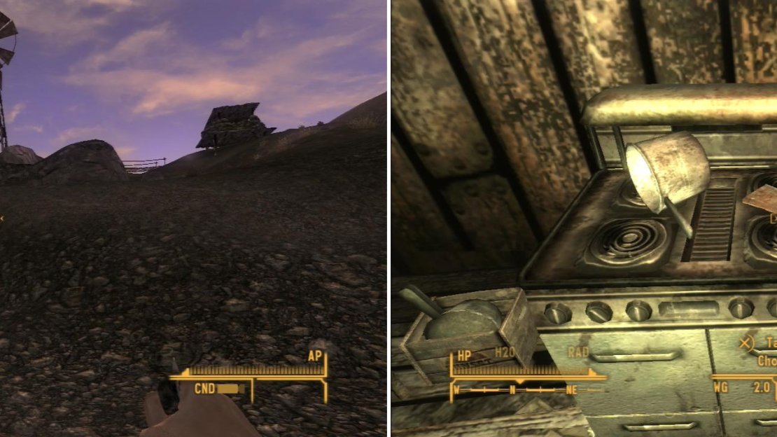 The windmill in the distance marks Wolfhorn Ranch (left). Inside a building you can find the unique weapon Chopper (right).