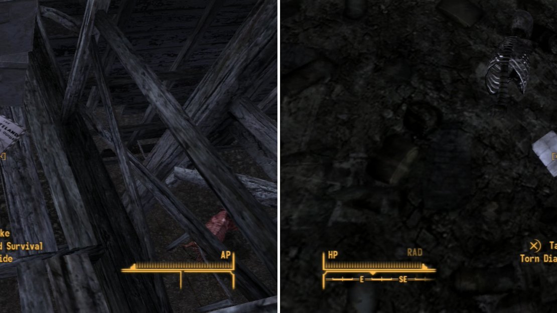 Find a copy of the Wasteland Survival Guide in the loft of the barn (left). The various diary page you find lying around reveal what happened at this farm (right).