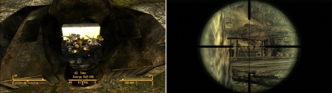 You&rsquo;ll find a good bit of loot in the Wrecked Highwayman (left). Put Ratslayer to good use against the Viper Gangers at the Highway 95 Viper Encampment (right).