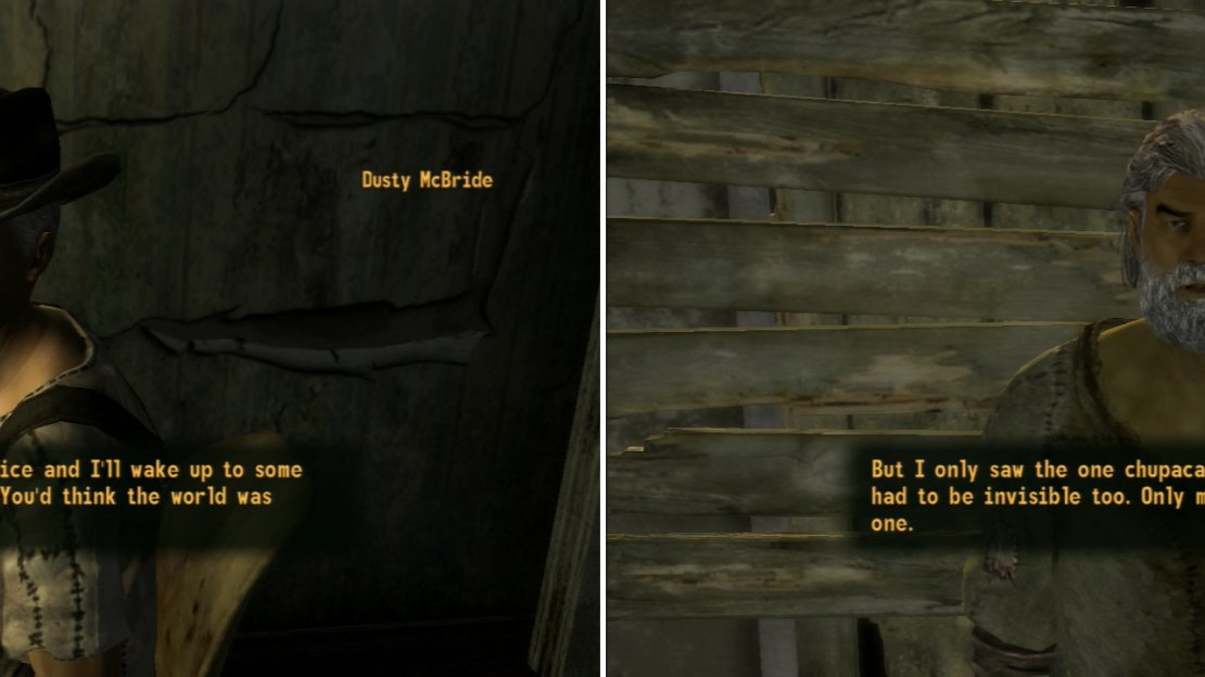Dusty’s been having a bit of a problem with this Brahmin turning up as mulch in the morning (left). Resident crazy-person No-Bark has some tales about what he saw happen to the Brahmin (right).