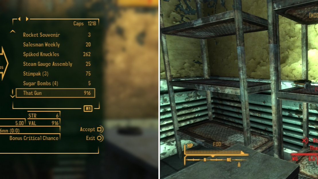 You can buy the unique weapon That Gun from the Dino Bite Gift Shop (left) or you can steal it from the supply room (right).O