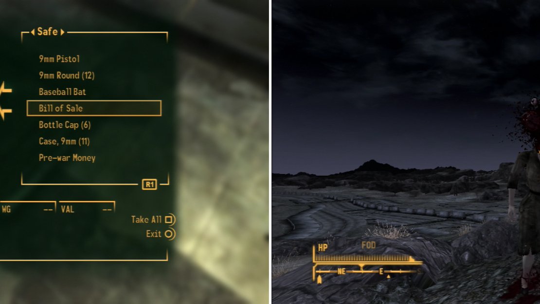 Search the safe in the Dino Dee-Lite Office for the Bill of Sale (left) then take Jeannie May outside of Novac so Boone can get some revenge (right).