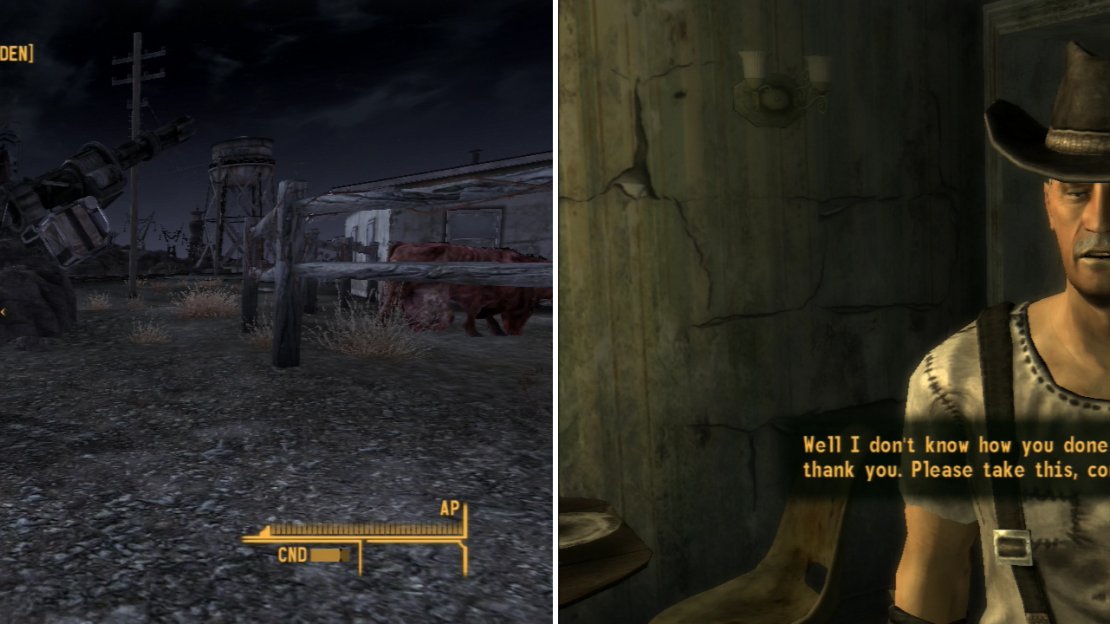 Wait outside of the McBride Ranch to find No-Bark’s chupacabra (left). Kill the Nightkin and tell Dusty the good news (right).
