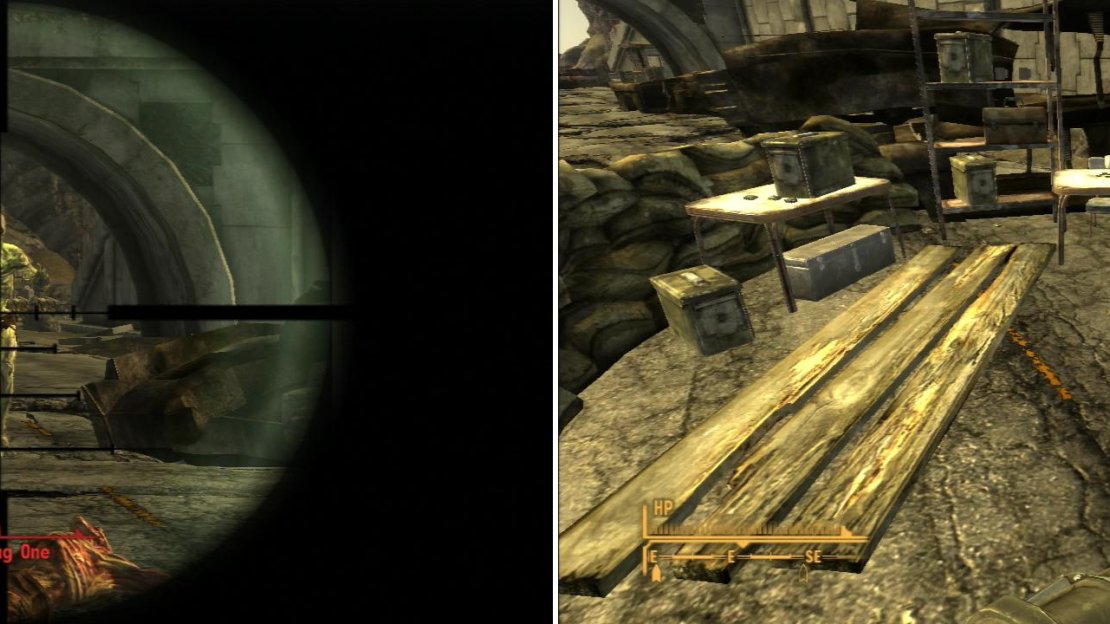 Kill all the Ghouls you find wandering around outside of the REPCONN Test Site (left), stopping to loot some valuables near some barricades (right).