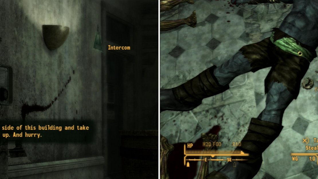 A voice over the intercom will direct you to come upstairs (left). A dead Nightkin - and its Stealth Boy - foreshadows the troubles at the REPCONN Test Site (right).