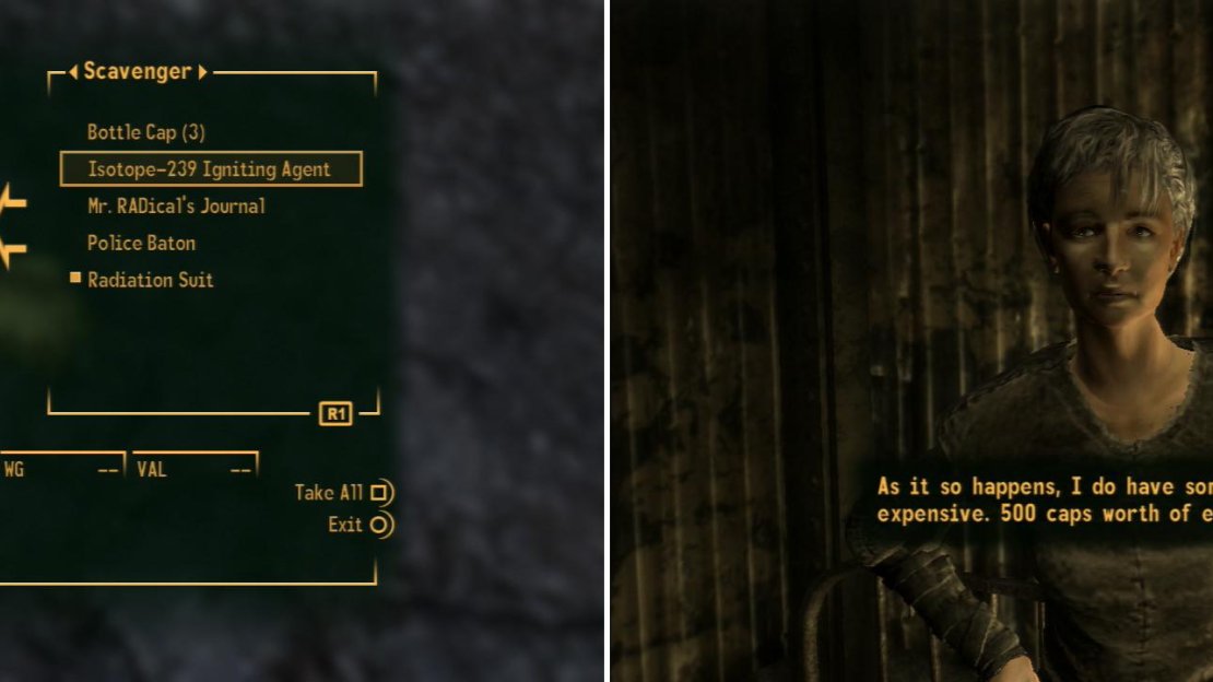 To help the Brights continue their Great Journey, you’ll need to find the Isotope-239 Igniting Agent (left). A Thrust Module can be purchased from Old Lady Gibson (right).