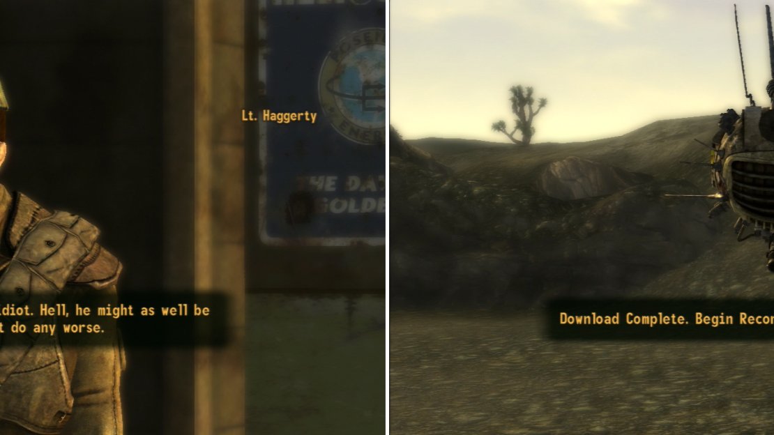 Talk to Lieutenant Haggerty outside to find out that all is not well with HELIOS One (left). Talking to the NCR Troopers outside of HELIOS One will trigger one of ED-E’s recordings (right).