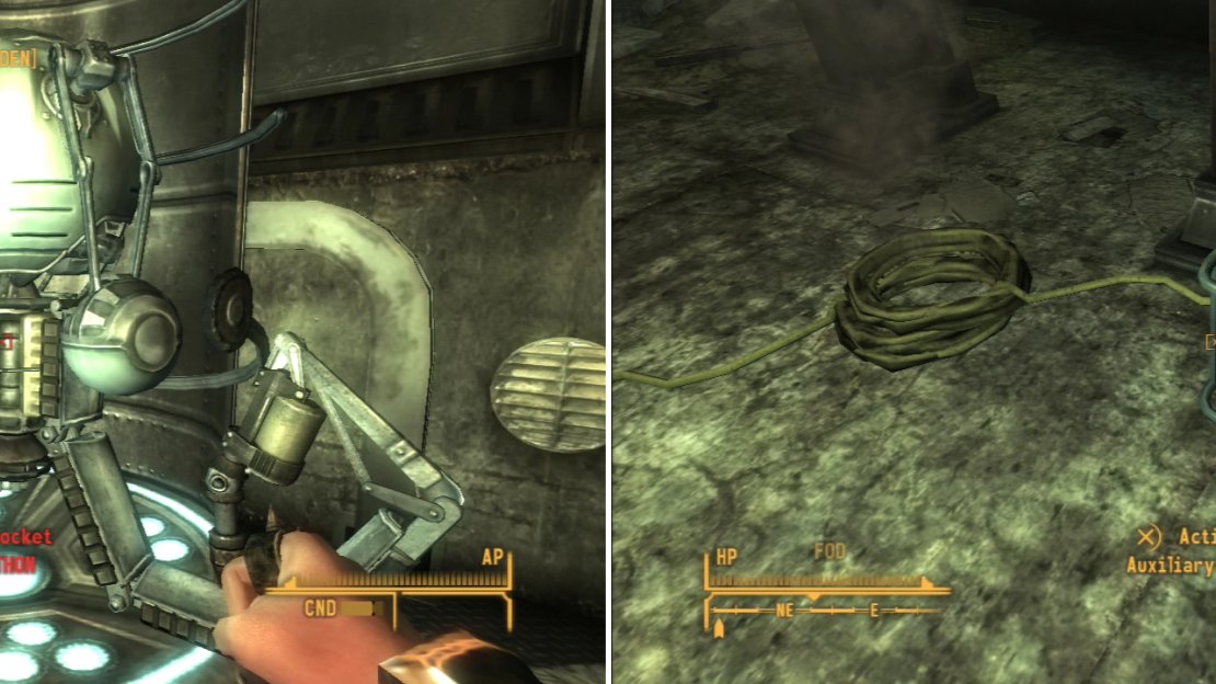 Activate the PYTHON Mr. Gutsy (left) or repair the Auxiliary Generator yourself (right).