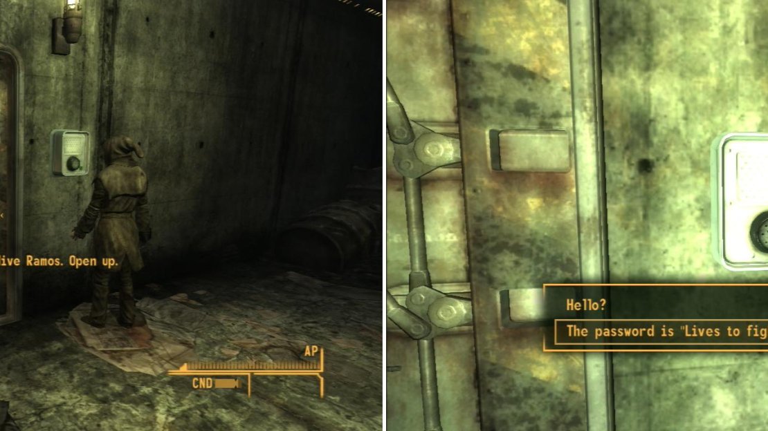 You can get into the Hidden Valley Bunker by bringing Veronica along (left) or you can use the password you found on the dead Brotherhood of Steel Paladins at the REPCONN Headquarters (right).