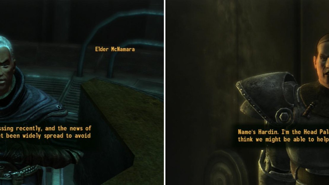 After you earn the Brotherhood’s trust, Elder McNamara will ask you to perform a task beyond his means (left). Head Paladin Hardin, however, has some plans of his own he’d like you to help him with… (right).
