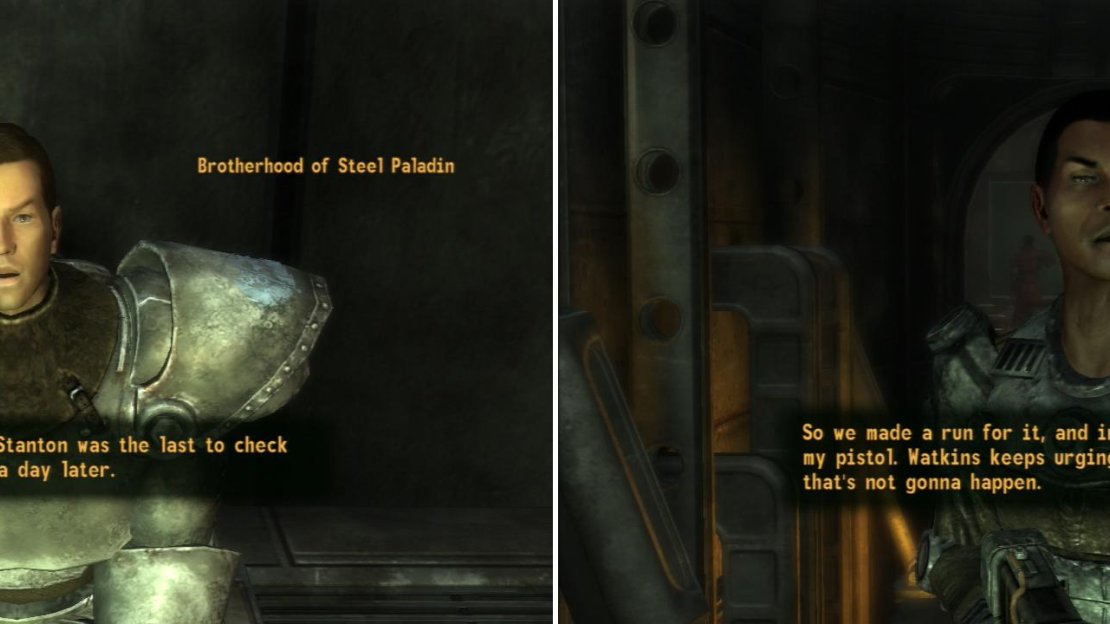 Talk to the overseeing Paladin at the shooting ranger to learn who had the Laser Pistol last (left). With this information, confront Initiate Stanton to get him to spill the beans (right).