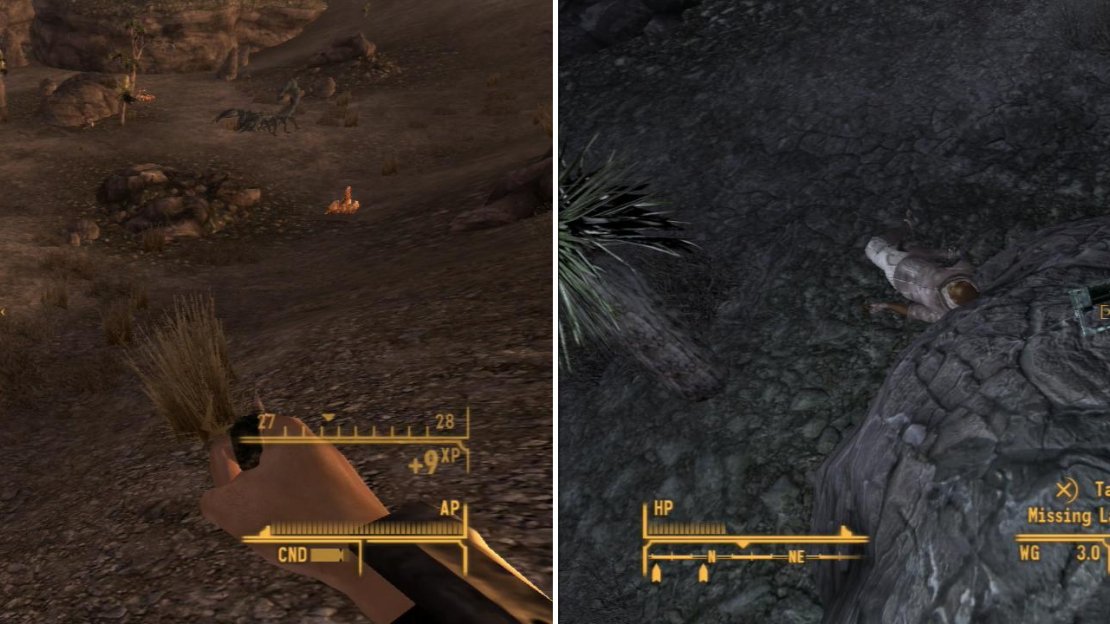 In Scorpion Gulch you’ll find… what else? Scorpions (left). On a rock you’ll find the misplaced Laser Pistol (right).