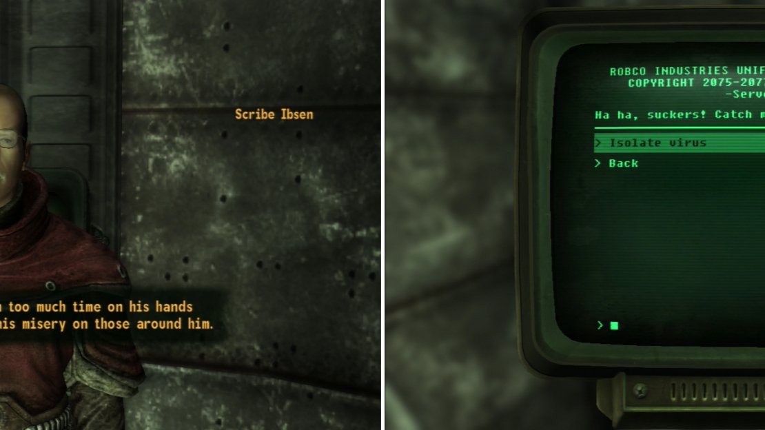 Talk to Scribe Ibsen to learn that even the Brotherhood suffers from the scourge of computer viruses (left). Quickly access the terminals and isolate the virus on the infected terminals (right). Get all three parts locked down and you’ll be good to go.