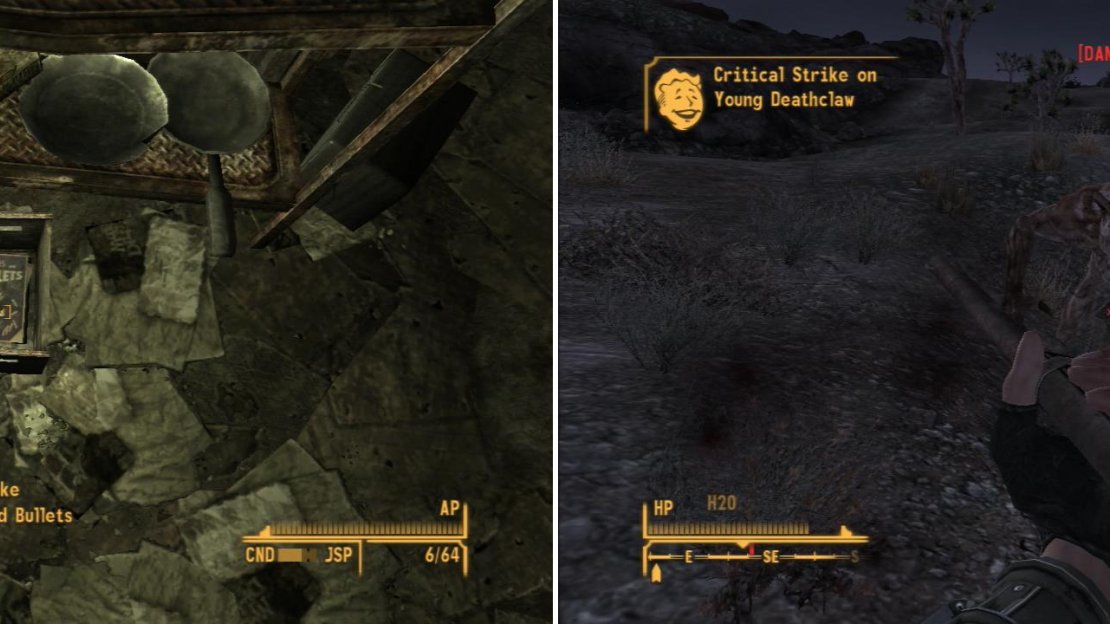Grab the copy of Guns and Bullets from Raul’s Shack (left) but beware, as Deathclaws lurk to the east (right).