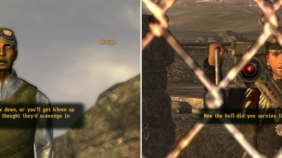 George will warn you of the dangers Boomers present to those who draw near.. and he’ll try to profit from your foolishness (left). If you make it past the artillery fire, you’ll be granted access to Nellis AFB (right).