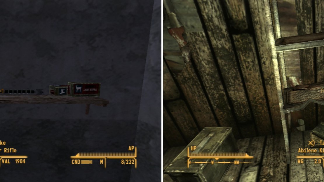 In a trapped house near the New Vegas Medical Center you can find some nice loot, including a Sniper Rifle (left). In Field’s Shack you can score the Abilene Kind LE BB Gun (right). Don’t shoot your eye out!