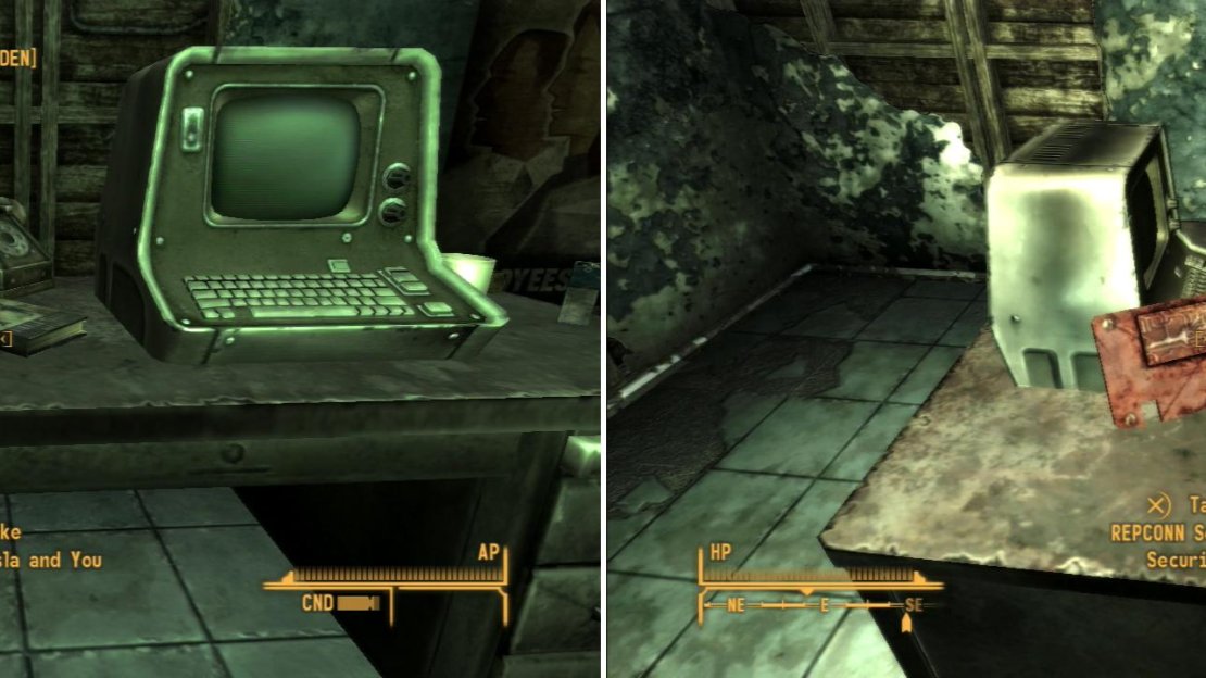Grab a copy of Nikola Tesla and You from a desk on the second floor (left). You can find a security keycard to bypass the security on the second floor (right).