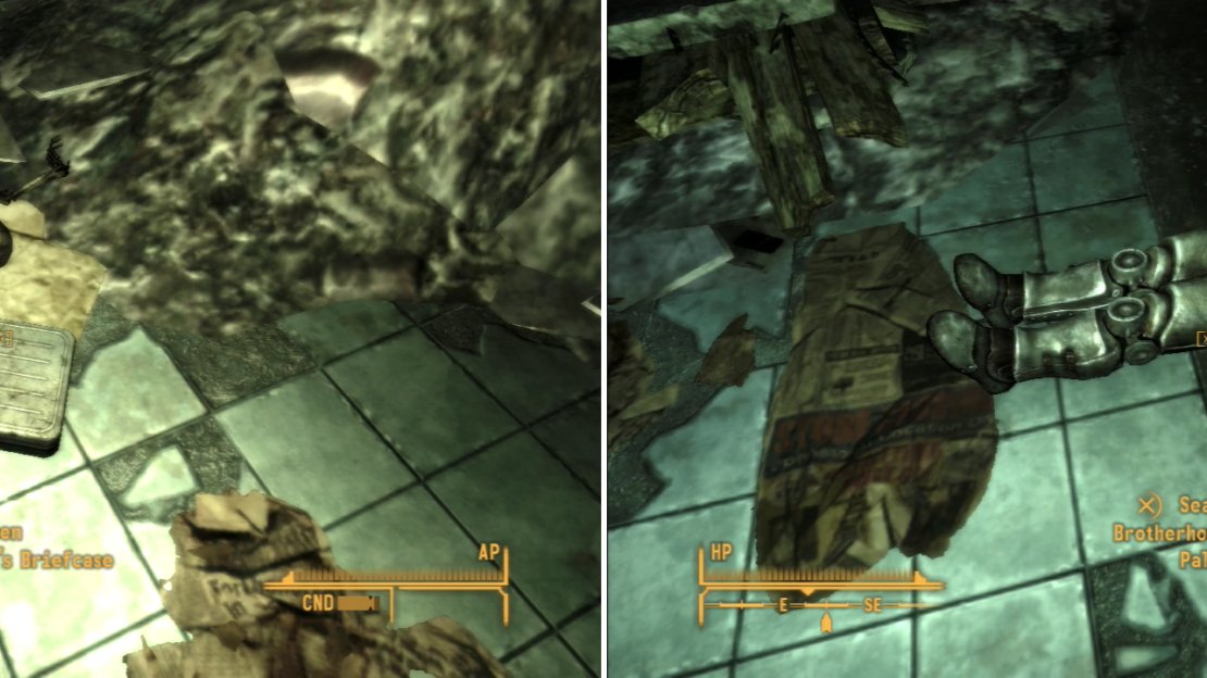 Piers Isley’s Briefcase contains some obsolete Pre-War Money and a REPCONN Third Floor Security Card (left). On the third floor you can also find the remains of a Brotherhood of Steel squad (right).