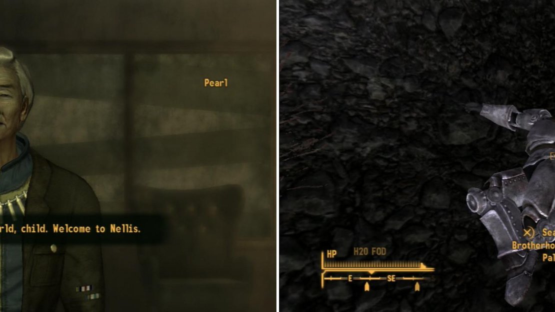 After getting through to Nellis AFB, you’ll meet Mother Pearl… who is surprisingly nice, considering the welcoming the Boomers gave you (left). After being accepted by the Boomers, you can safely search the ruins outside of Nellis AFB for the last missing Brotherhood patrol (right).