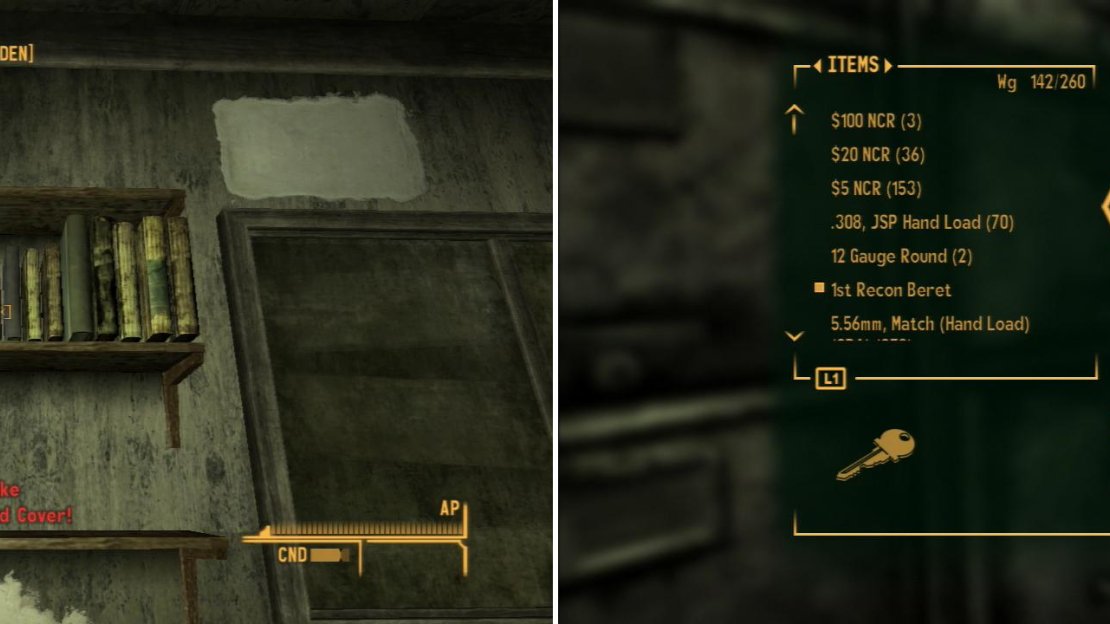 Grab a copy of Duck and Cover! from a shelf in Mother Pearl’s Barracks (left). Taking Col. Blackwell’s Key will allow you to bypass a difficult lock later on (right).