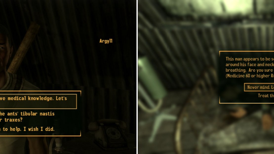 Convince Argyll that you have the necessary medical knowledge (left) then put that skill to good use on some injured Boomers (right).