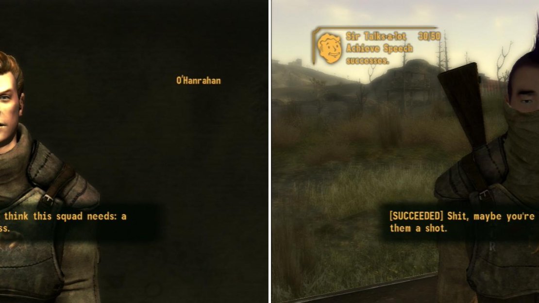 O’Hanrahan, the naive farm boy, suggests a good talking to might improve things (left) and indeed, if your Speech score is high enough, you can influence the Misfits into working with each other better (right).