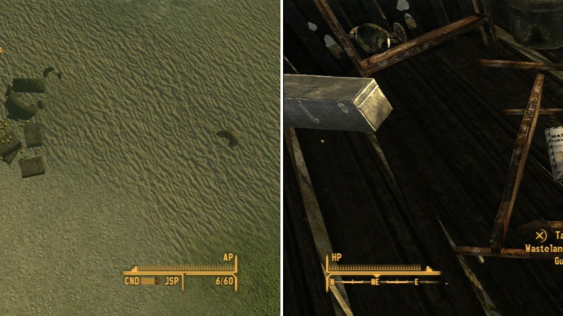 Near the Boulder Beach Campground you can find a submerged Sunset Sarsaparilla truck (left) the Lakelurk-infested Scavanger Platform is worth clearing, as a copy of the Wasteland Survival Guide rests upon it (right).