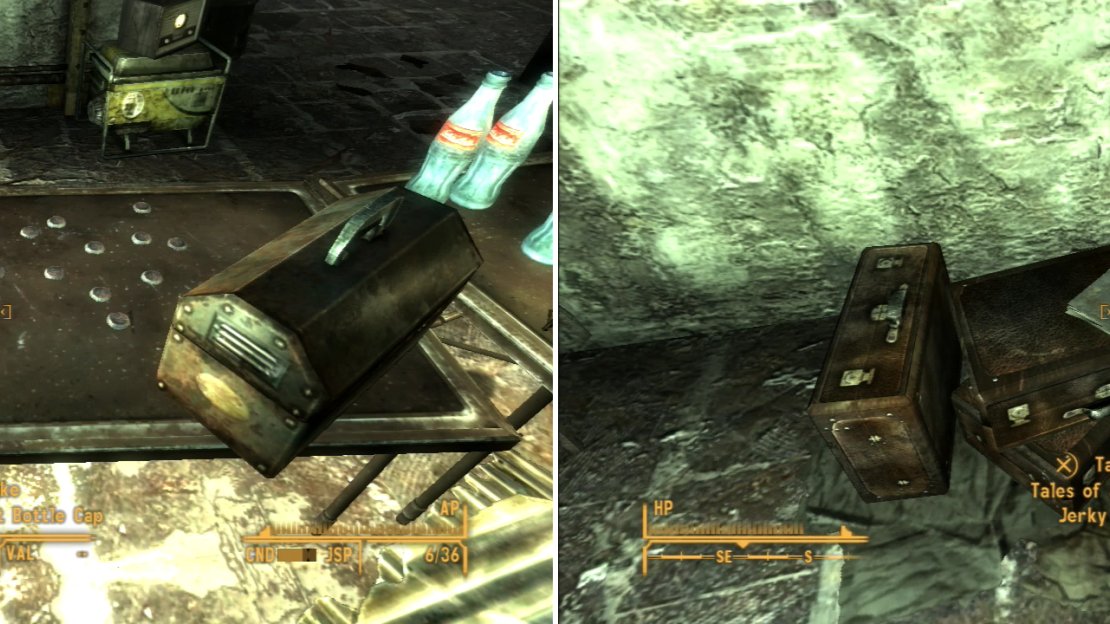 Making Counterfeit Bottle Caps must be a lucrative - if time-consuming - endeavor (left). In the Cap Counterfeiting Shack you can also find a copy of Tales of Junktown Jerky Vendor (right).