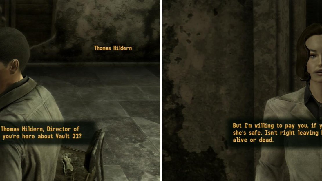 Visit Thomas Hildern at Camp McCarran and give him the Crimson Caravan invoice (left), and hear how his request to investigate Vault 22. After your conversation with Hildern, his assisstant Angela Williams will warn you about Hildren’s job (right).