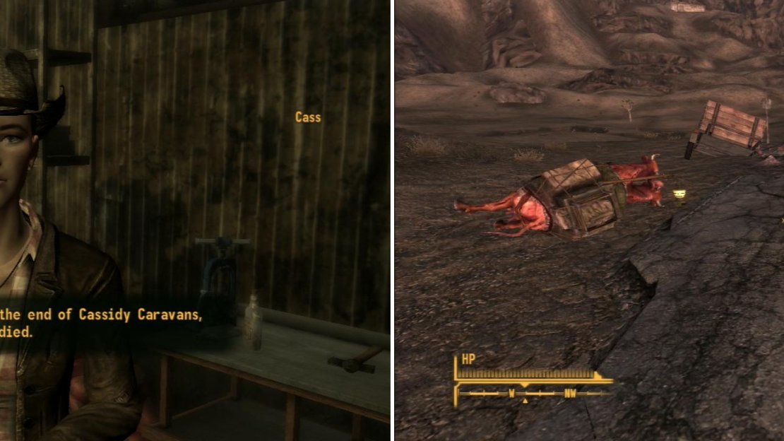 Cass - after joining up with you - will ask to go pay respects to her fallen caravan (left). Go find the ruins of Cassidy Caravans along the southern outskirts of New Vegas (right).