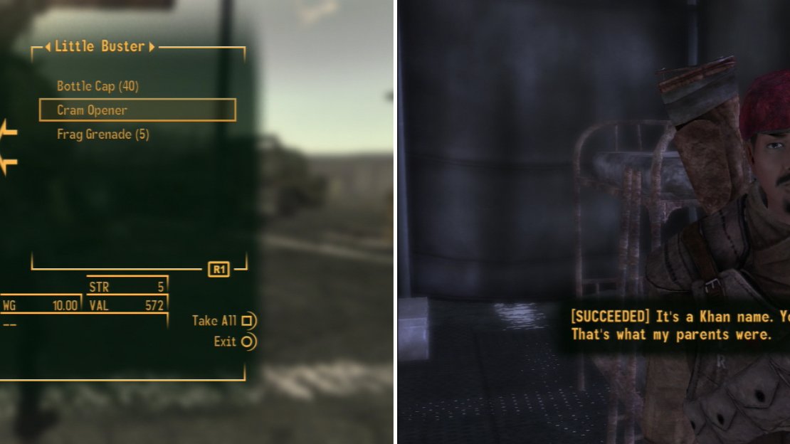 You can steal the unique weapon Cram Opener from Little Buster (left). Talking to Sergeant Bitter-Root about his past with the Khans while Boone is around will get Boone to trust you a little more (right).